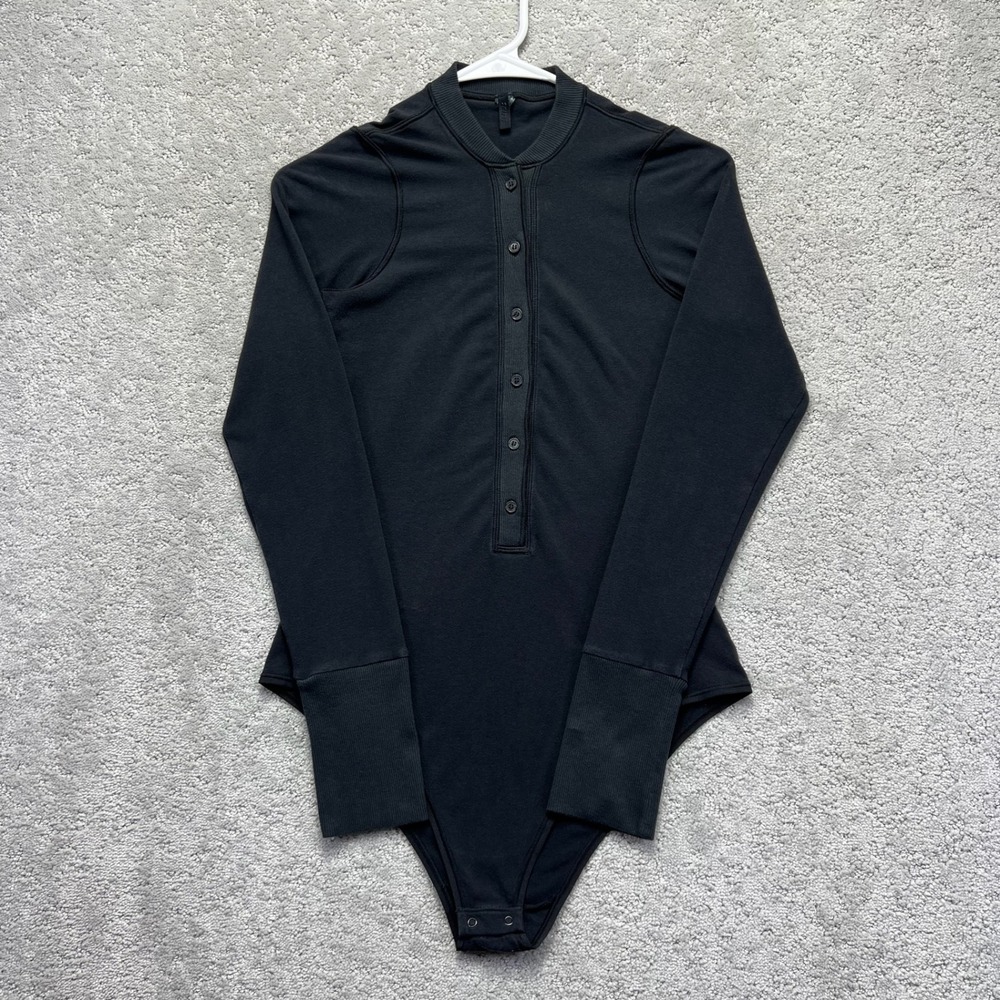 SKIMS Bodysuit Womnes Small Black Onyx Cotton Rib Long Sleeve Henley Button Up